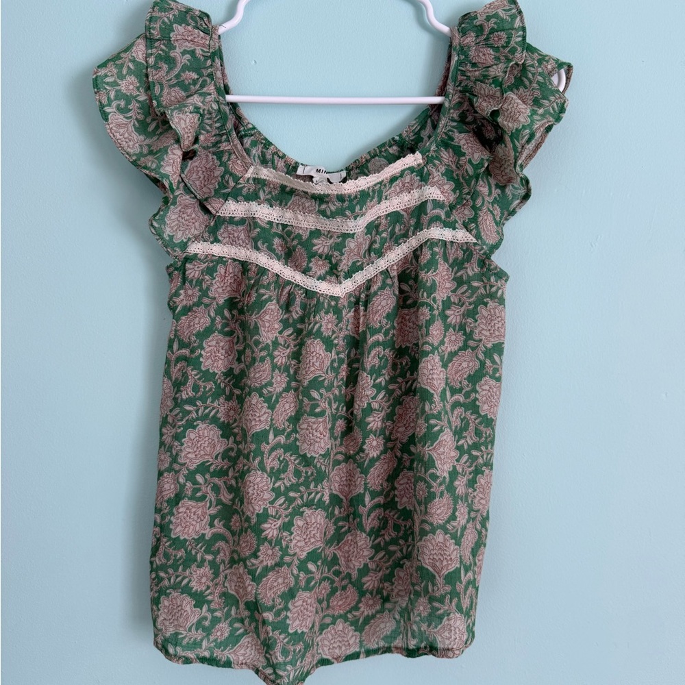 Floral Green Ruffle Top
